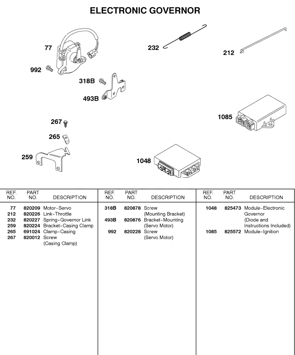 Servo, Modules, Spring, Link Diagram and Parts List for 587447-0105-XX  Briggs and Stratton Engine
